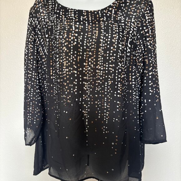 Pre-Loved Black Sheer blouse with tan and white polka dots and sporadic sequins - Picture 1 of 4